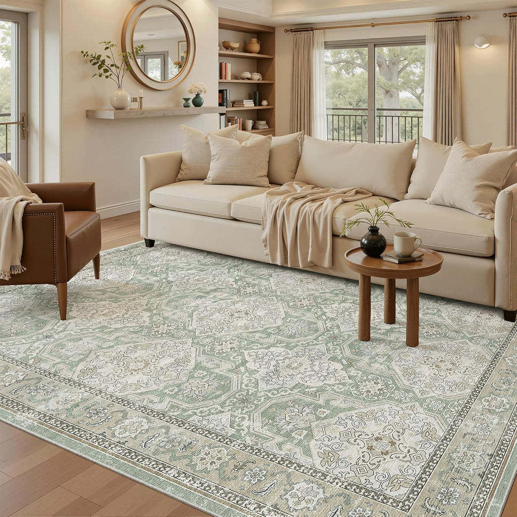 Soalmost Washable Area Rug 8x10, Large Soft Rugs for Living Room Vintage Beige Carpet 8x10 Area Rugs for Bedroom Dining Room Non-Slip Stain Resistant Under Table Rug
