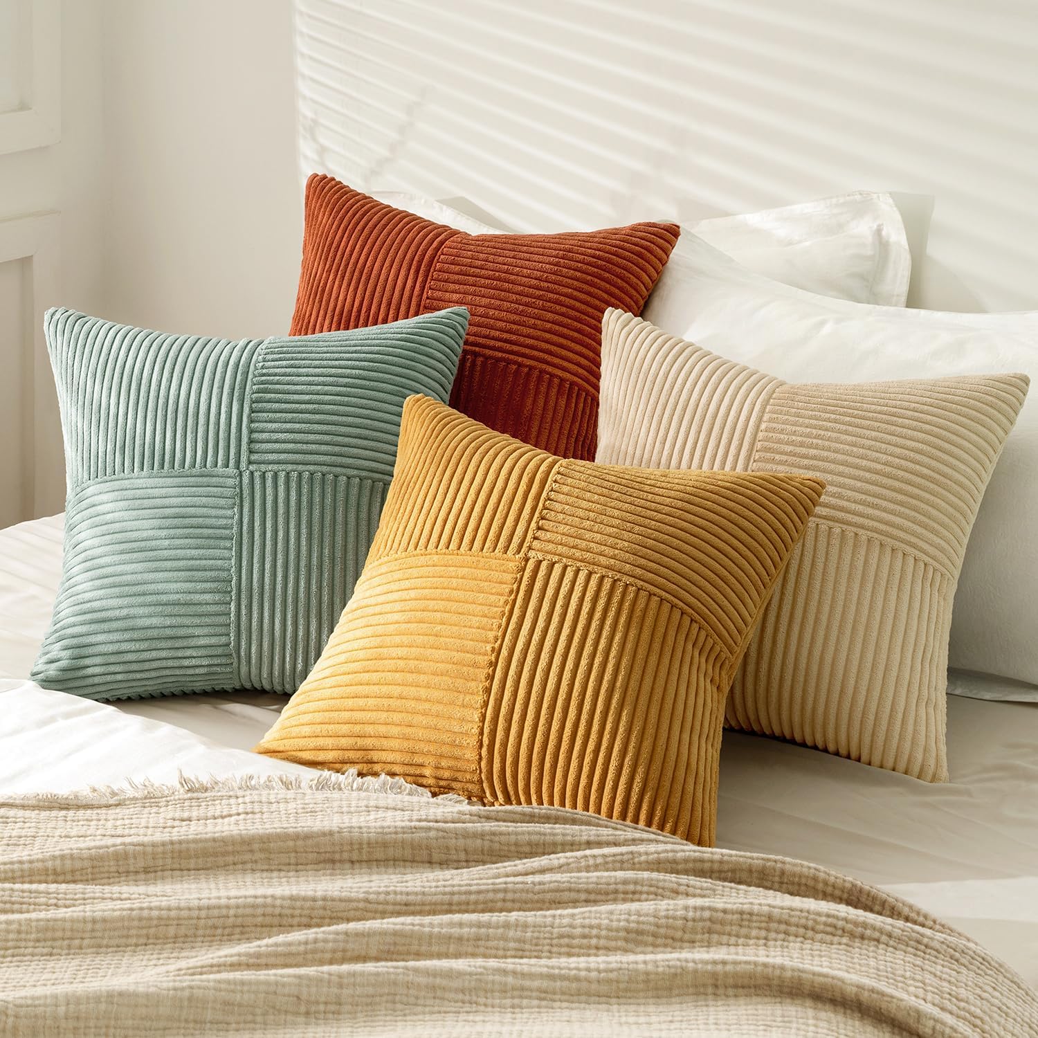 Teal Orange Decorative Throw Pillow Covers 18x18 Inch Set of 4 Boho Corduroy Striped Cushion Cases Modern Farmhouse Patchwork Pillow Cases for Couch Sofa Bedroom Home Decor