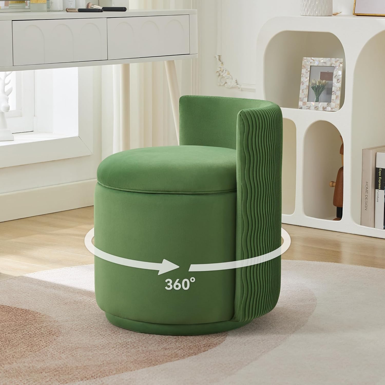 Velvet Vanity Chair with Storage, 360° Swivel Makeup Chair with Wave Back, No Assembly Small Accent Stool for Bedroom, Dressing, Living Room, White