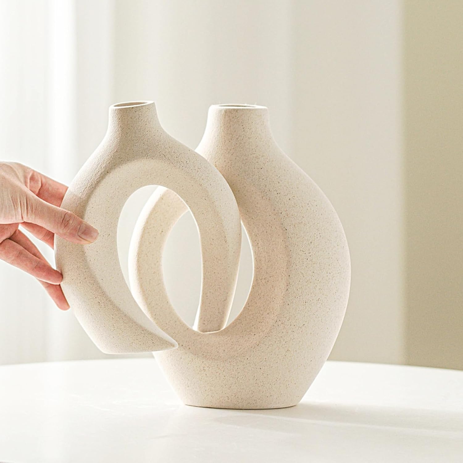 Ceramic Vase Set of 2, Nordic Modern Boho ins Style Decorative Ceramic Aesthetic Flower Vase for Home Decor (Milky White W 6.3" X H 8.4")
