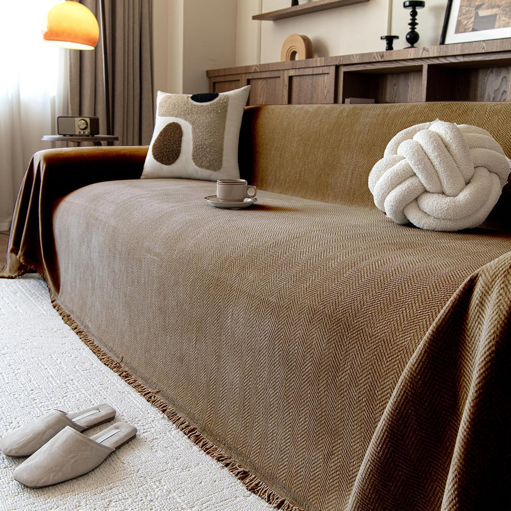 Couch Covers for Dogs 3 Cushion, Loveseat Slipcovers Washable, Pet L Shape Sectional Protector, Boho Sofa Blanket Cover, Herringbone Chenille, Cream, 71"x118"