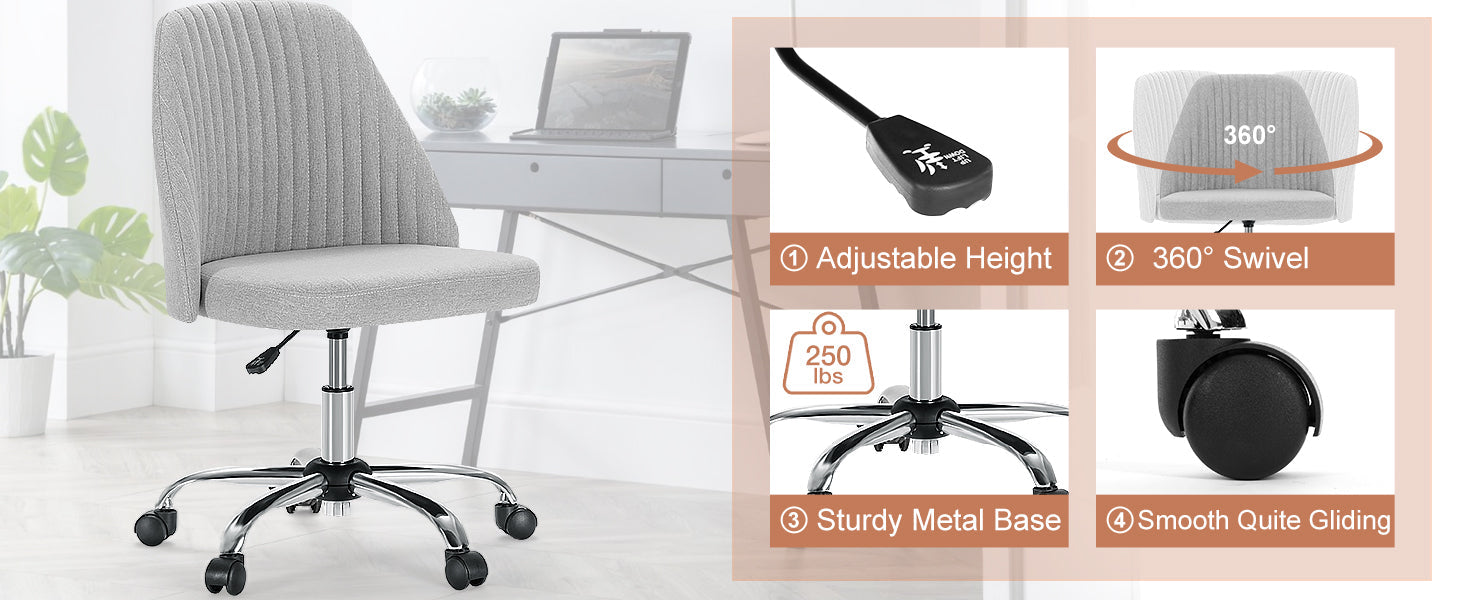 Office Chair, Comfy Desk Chair Rolling Vanity Swivel Task Chairs with Wheels, Wide Seating Armless Height Adjustable Computer Chairs for Home,Bedroom,Student,Adults, Classic Grey