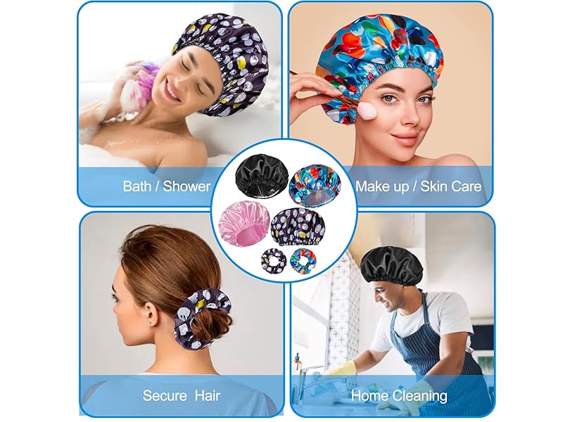 Shower Cap for Women Set of 4, Bath Caps, Double Layers Hair Caps + 2 Satin Hair Scrunchies, Reusable Waterproof Shower Caps, Elastic Hair Cap for Shower - Pattern A